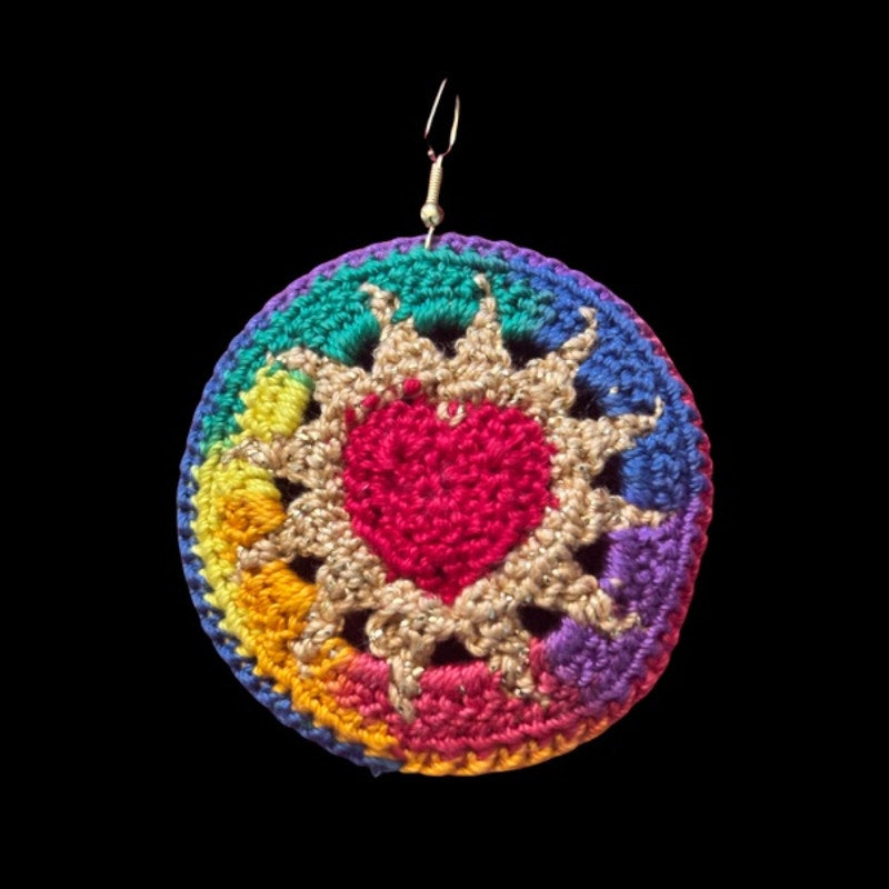 Red, Gold, & Rainbow Hearts on Fire Micro-crocheted Disc Earrings