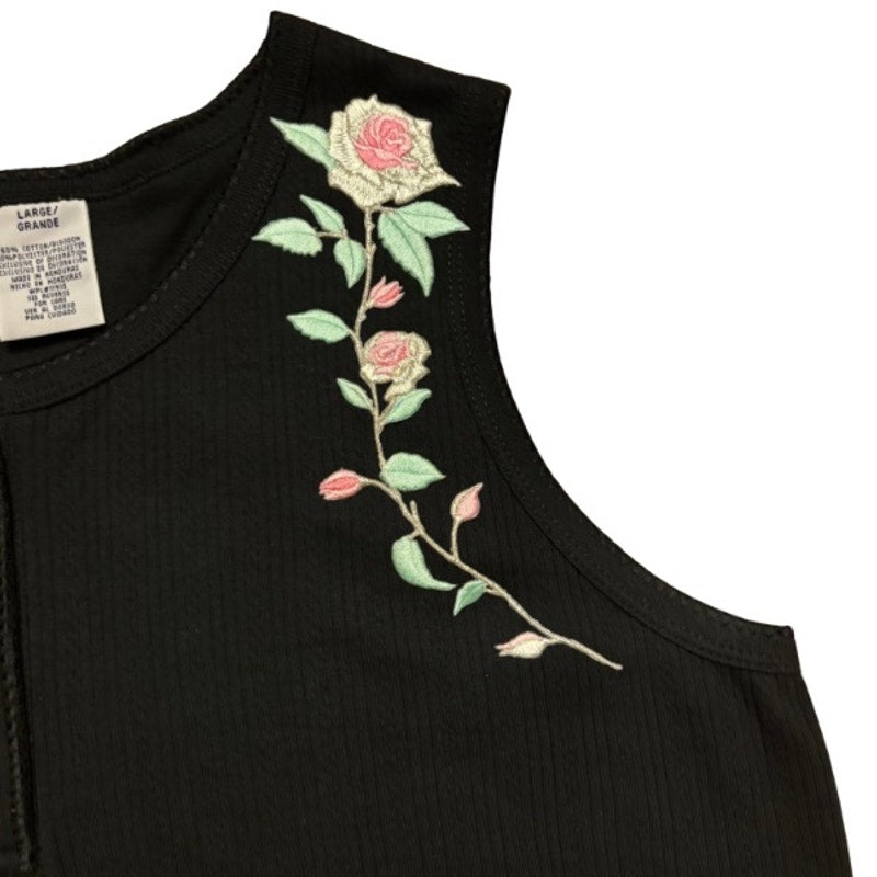 Vintage Metallic Silver Pink Rose Stem Patch Black Ribbed Quarter Button Down Sleeveless Shirt (Large)