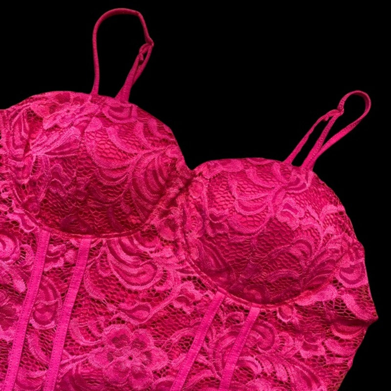 Hot Pink Lace Spaghetti Strap Bustier Bodysuit  (XL)