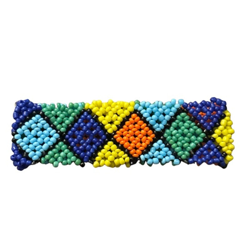 Vintage Multi Green, Blue, and Yellow, Orange Diamond Pattern Seed Bead Stretch Bracelet