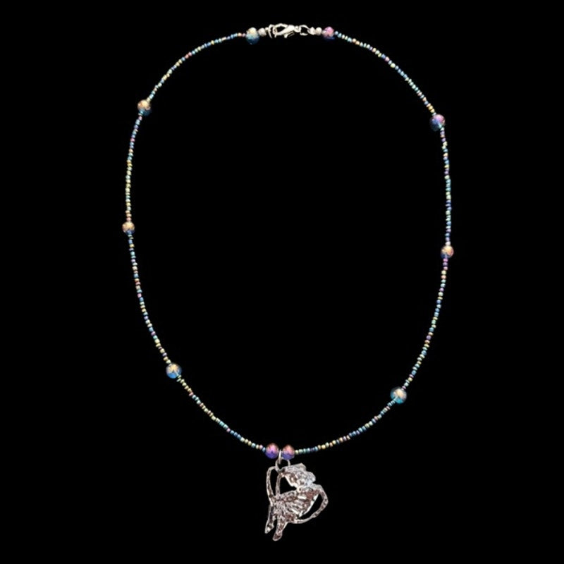 OOAK Metallic Purple/Blue/Green Beaded Silver Gemini Pendant Necklace