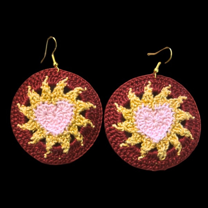 Pink, Gold, & Burgundy Hearts on Fire Micro-crocheted Disc Earrings