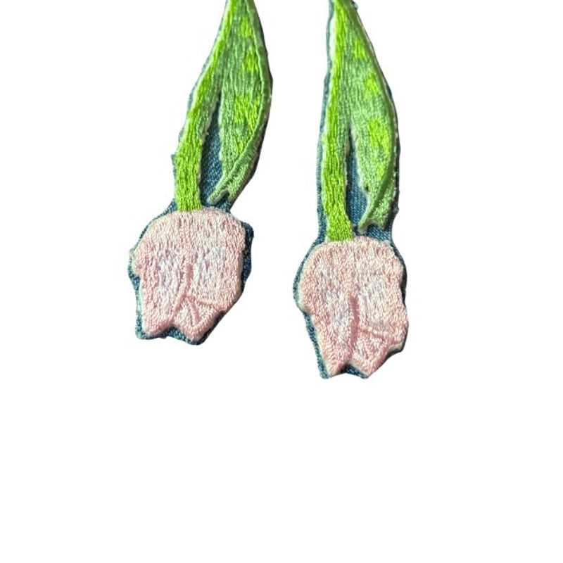 Upcycled Vintage Pink Tulip Embroidered Patch + Denim Earrings (Upside Down)