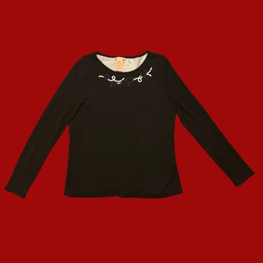 Vintage Black & White Heart Scroll Patch Upcycled Long-Sleeve Shirt (L)