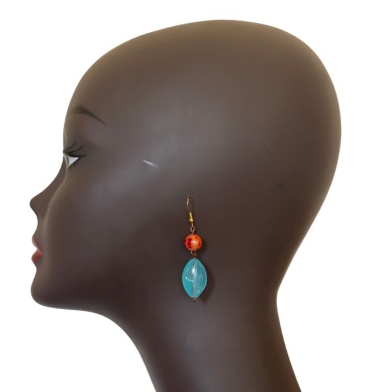 Fire and Ice | Baroque-Inspired Marbled Orange and Sky Blue Bead Drop Earrings
