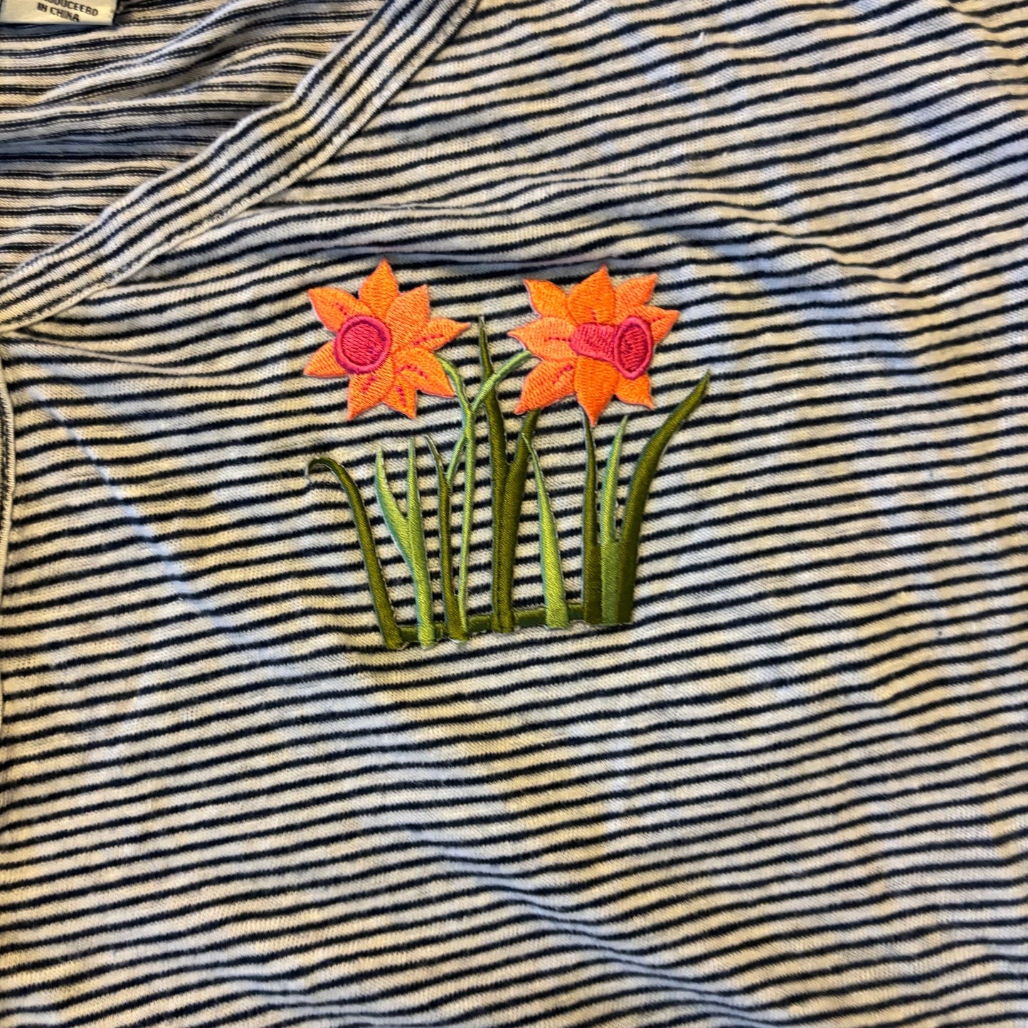 Vintage Daffodil Patch Blue and White Striped Button Down Tie Front Linen Crop Top (M/L)
