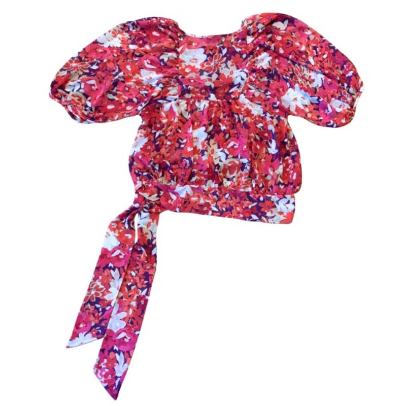 Sheer Pink/Purple Floral Puffed Sleeve Peasant Top w/ Sash (L)