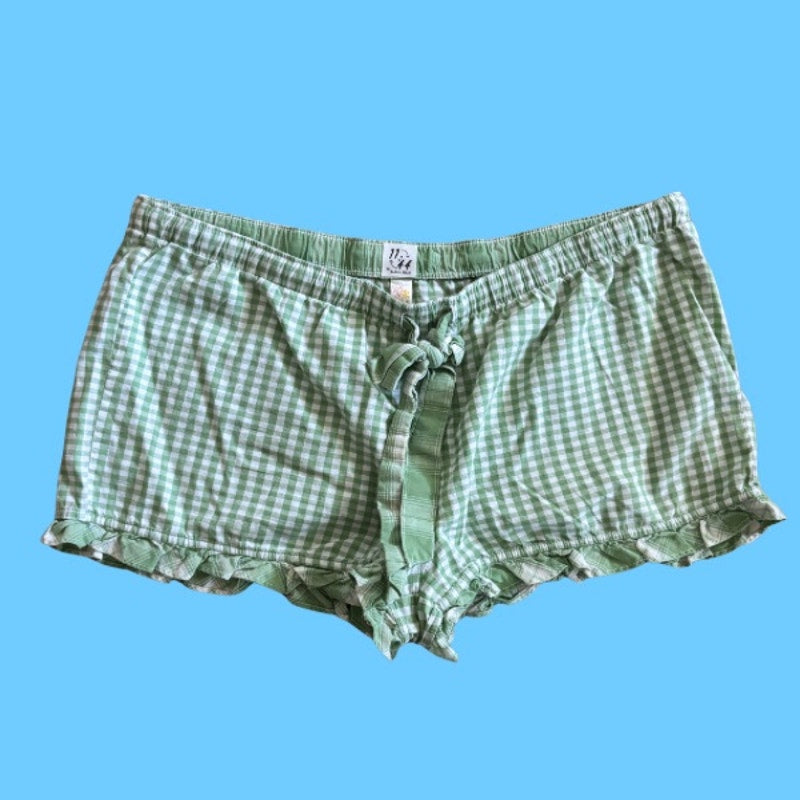 Vintage Daffodil Patch Green and White Gingham Ruffle Hem Cotton Lounge Bloomers (L)
