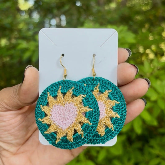 Pink, Gold, & Teal Hearts on Fire Micro-crocheted Disc Earrings
