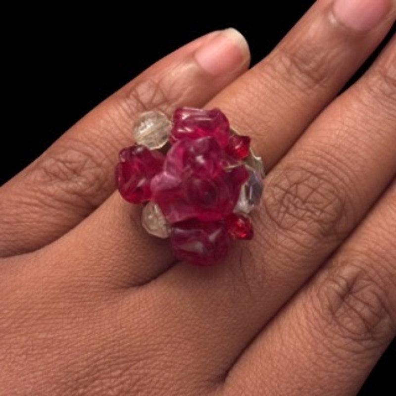 Chunky Abstract Red & Clear Bead Cluster Upcycled Vintage Earring Ring (6-8)