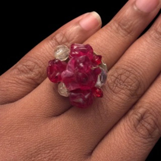 Chunky Abstract Red & Clear Bead Cluster Upcycled Vintage Earring Ring (6-8)