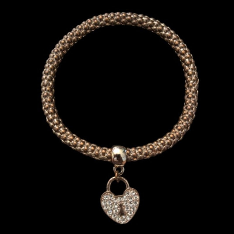 Rhinestone-Studded Heart Lock Charm Costume Rose Gold Stretch Bracelet