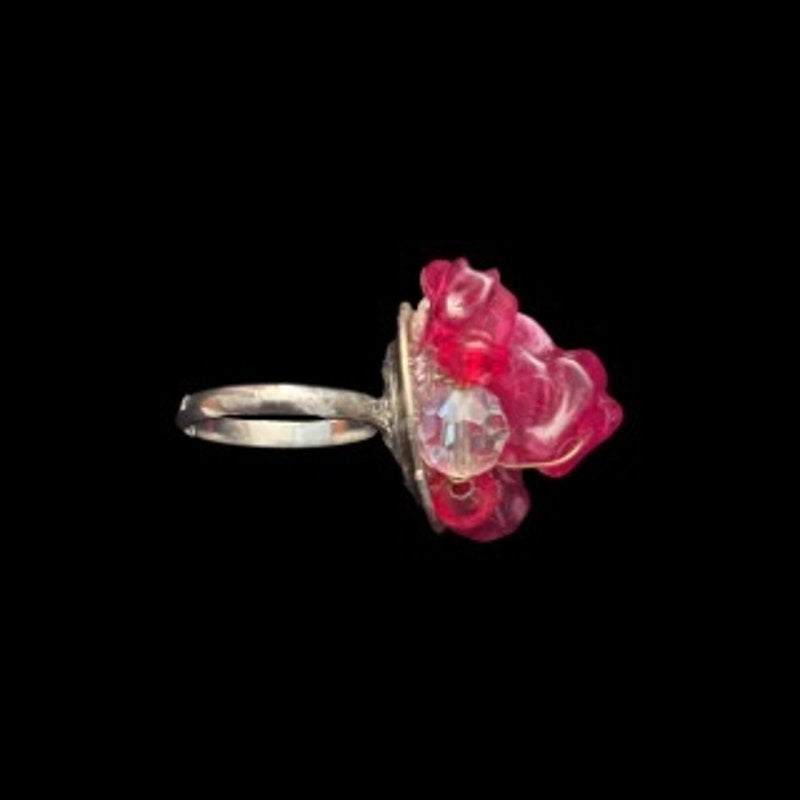 Chunky Abstract Red & Clear Bead Cluster Upcycled Vintage Earring Ring (6-8)