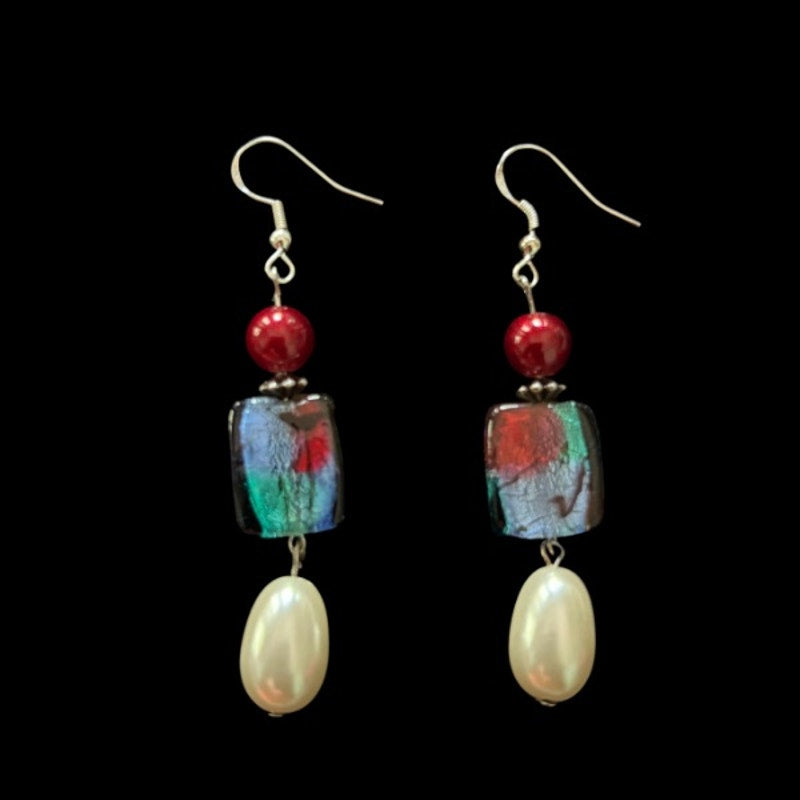 Baroque-Inspired Red, Multi Blue, & Pearl Bead Drop Earrings