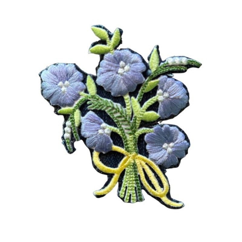 Periwinkle Blue Flower Bow Bouquet Vintage Embroidered Patch Pin