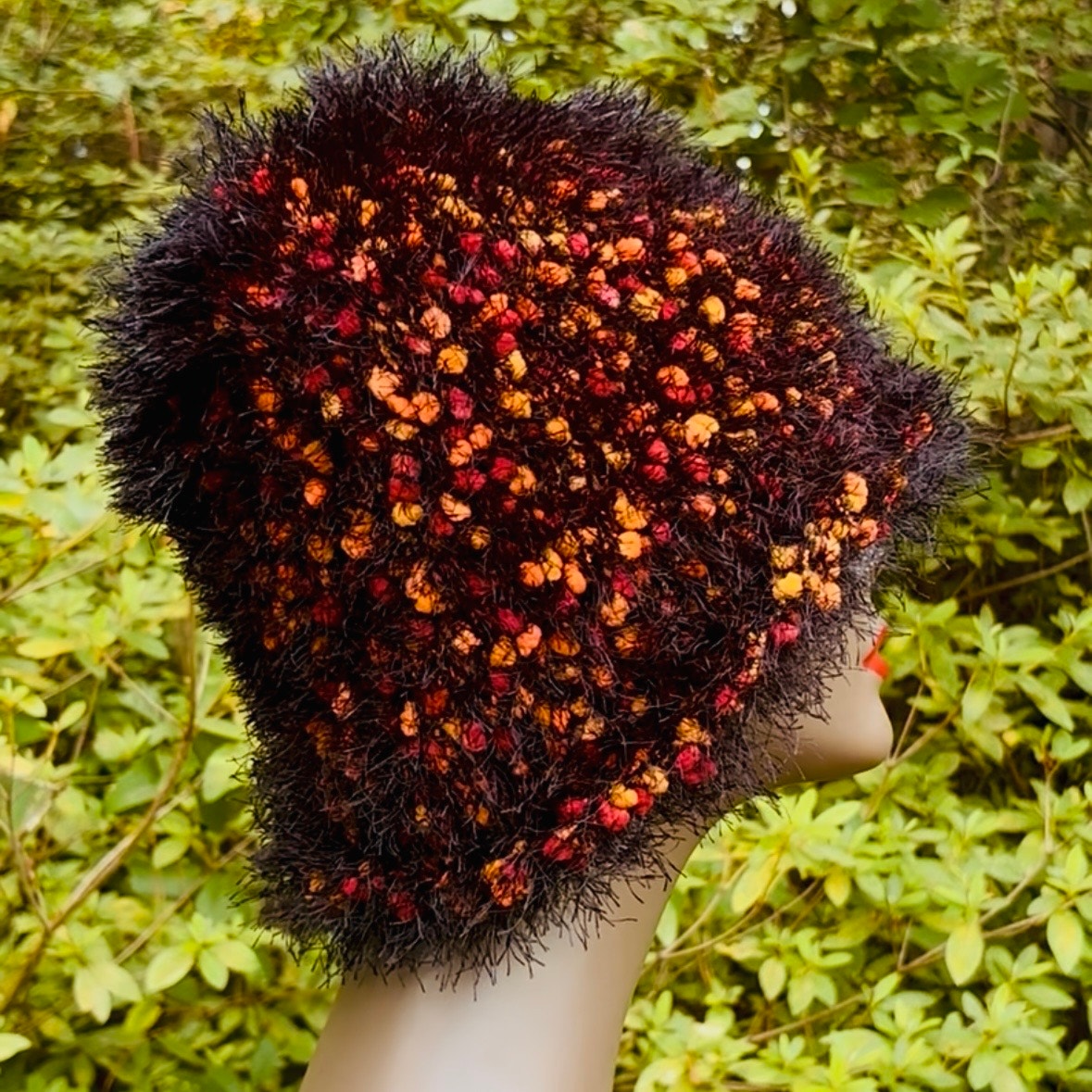Hand-knit Fuzzy Orange, Red & Black Bucket Hat (OSFM)