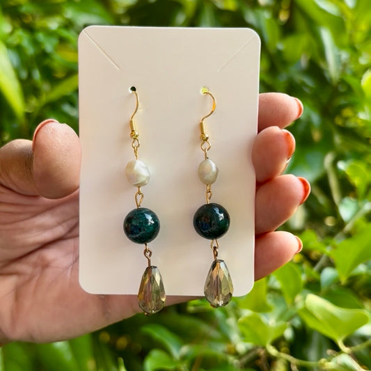 Baroque-inspired Faux Pearl, Forest Green, Gold Prism Droplet Beaded Drop Earrings