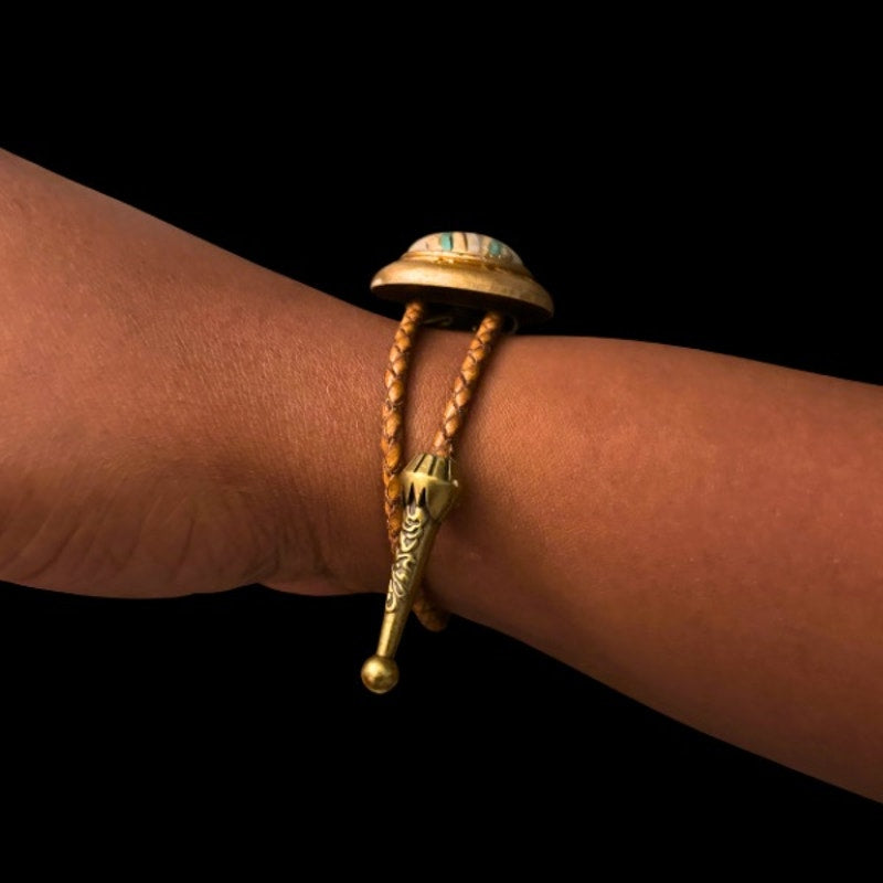 Upcycled Vintage Gold, Blue, and White Southwestern Style Disc Bolo Bracelet