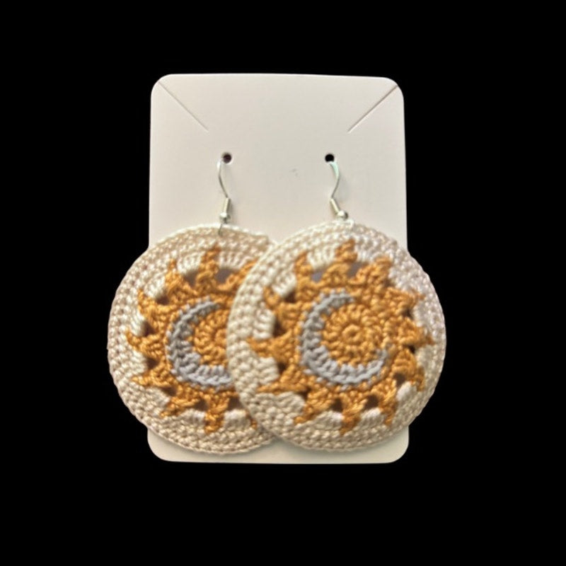 Cream Sun and Moon Micro-crocheted Disc Earrings | Made by Maya