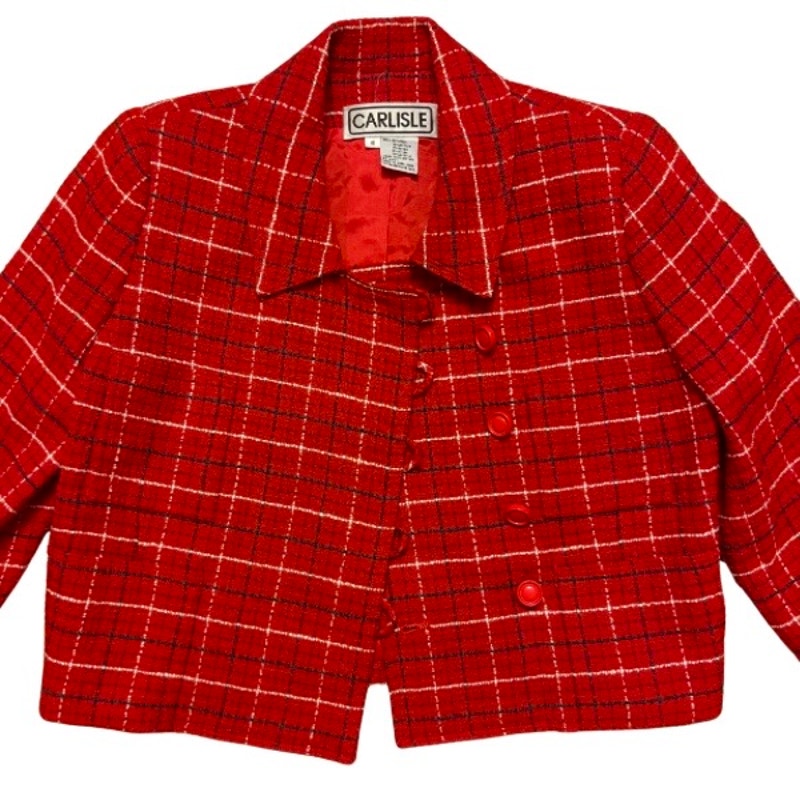 Vintage Red White and Blue Plaid Wool Blend Tweed Cropped Jacket (S/M)