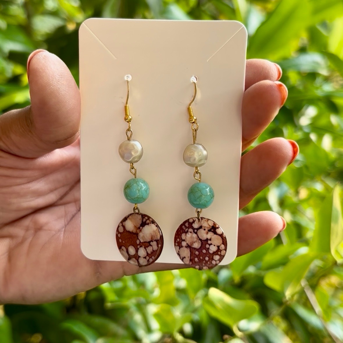 Baroque-Inspired Costume Pearl, Turquoise, & Brown Jasper Shell Bead Drop Earrings