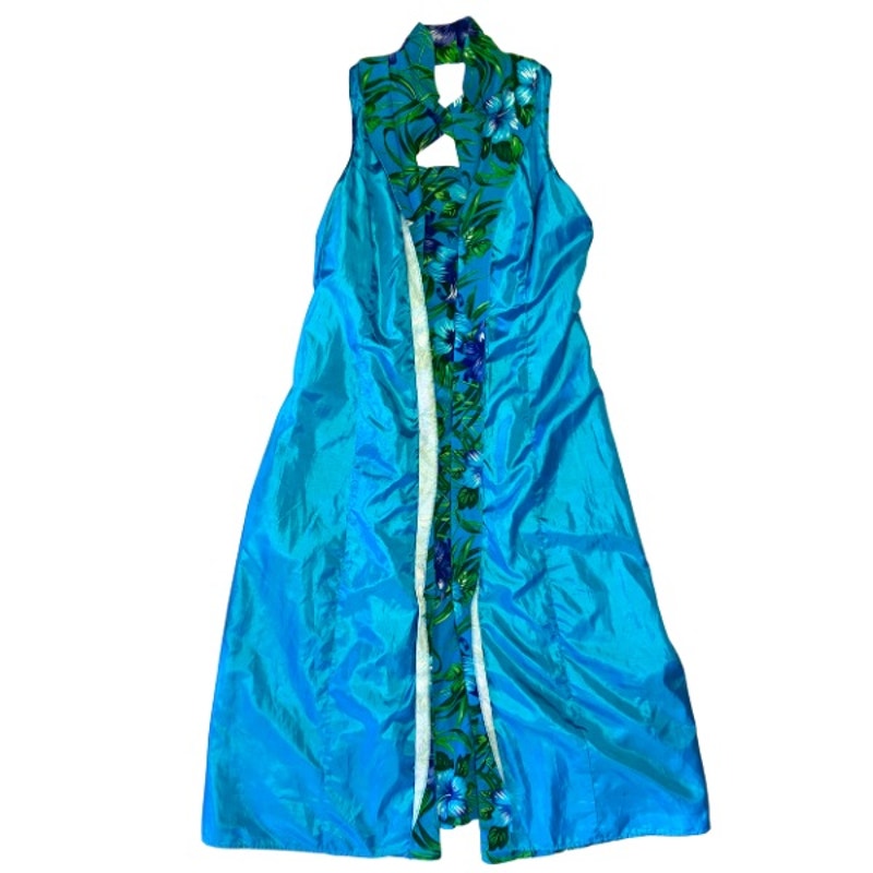 Vintage Blue & Purple Hibiscus Floral Print Sleeveless Button Down A-Line Tea Length Dress (M)