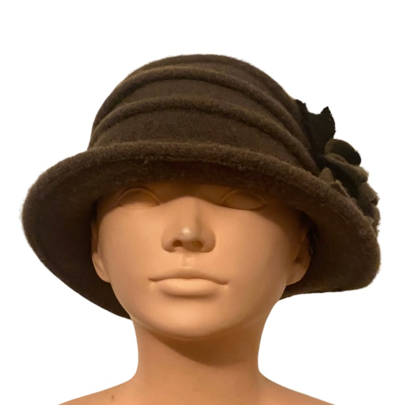 🔔 1920’s Style Wool Army Green/Black Flower Cloche Hat (57 cm)