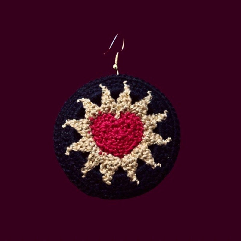 Red, Gold, & Black Hearts on Fire Micro-crocheted Disc Earrings