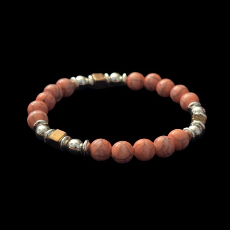 Vintage Costume Pink Marble, Brass, & Silver Bead Stretch Bracelet