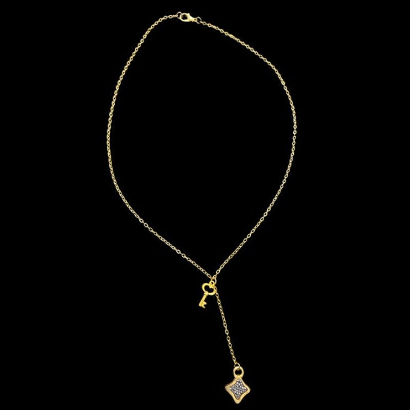 Gold Toned Key & Abstract Diamond Charm Layered Drop Pendant Necklace