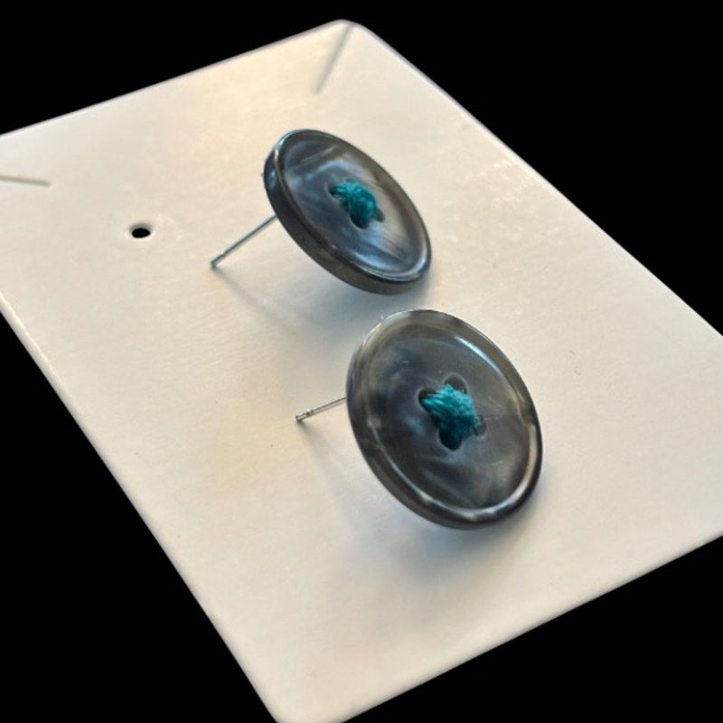 Faux Grey Mother of Pearl Button Stud Earrings