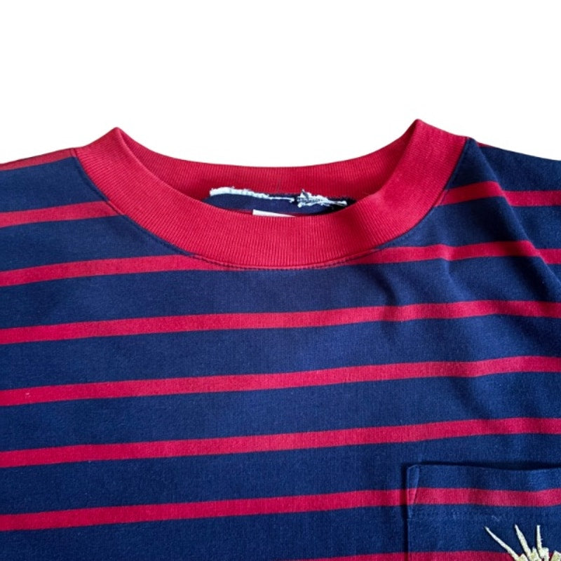 Vintage Sun and Moon Patch Blue/Green Striped 3/4 Sleeve Cotton V-Neck Top (L-XL)