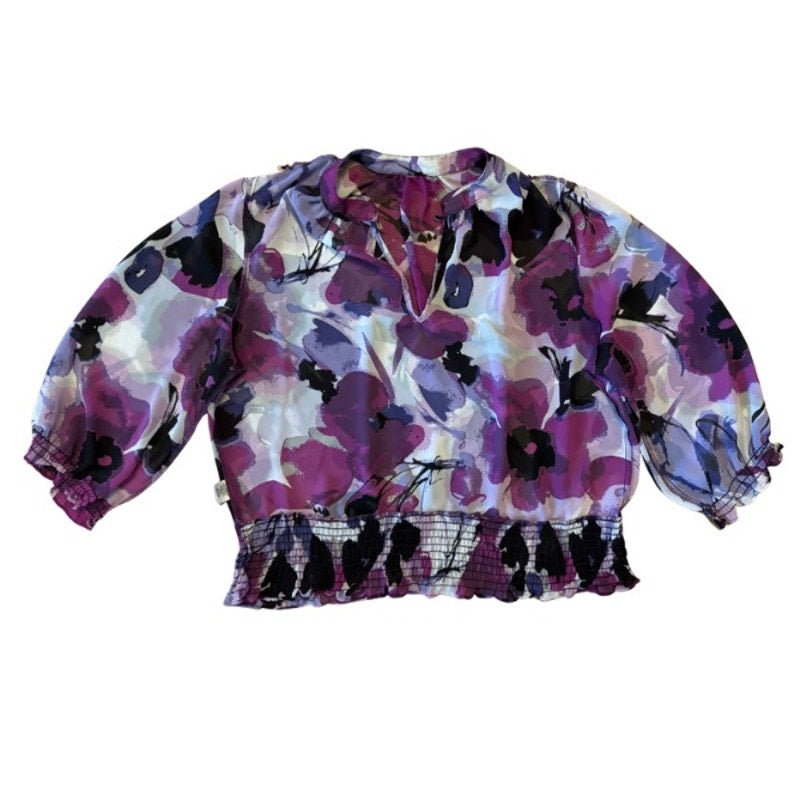 Sheer Purple Poppies Floral 1/2 Sleeve Cropped Peasant Blouse (PL)