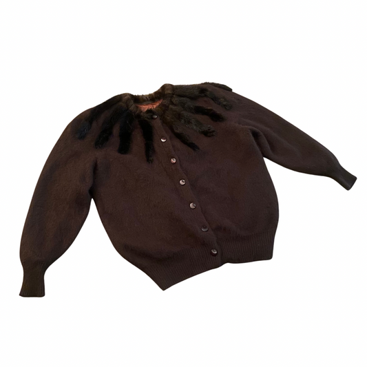 Vintage Chocolate Brown Rabbit Fur Knit Button-Down Sweater (Large)