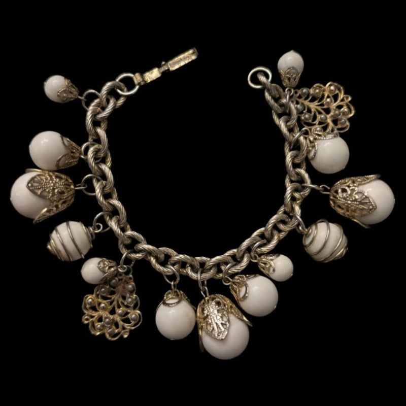 Vintage White & Silver Bauble Filigree Charm Chain Bracelet