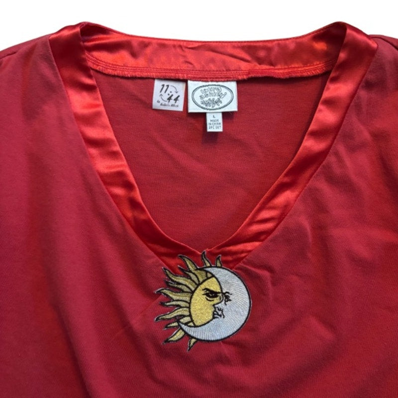 Vintage Sun and Moon Patch Red Satin Trim V-Neck Longsleeve Top (L-XL)