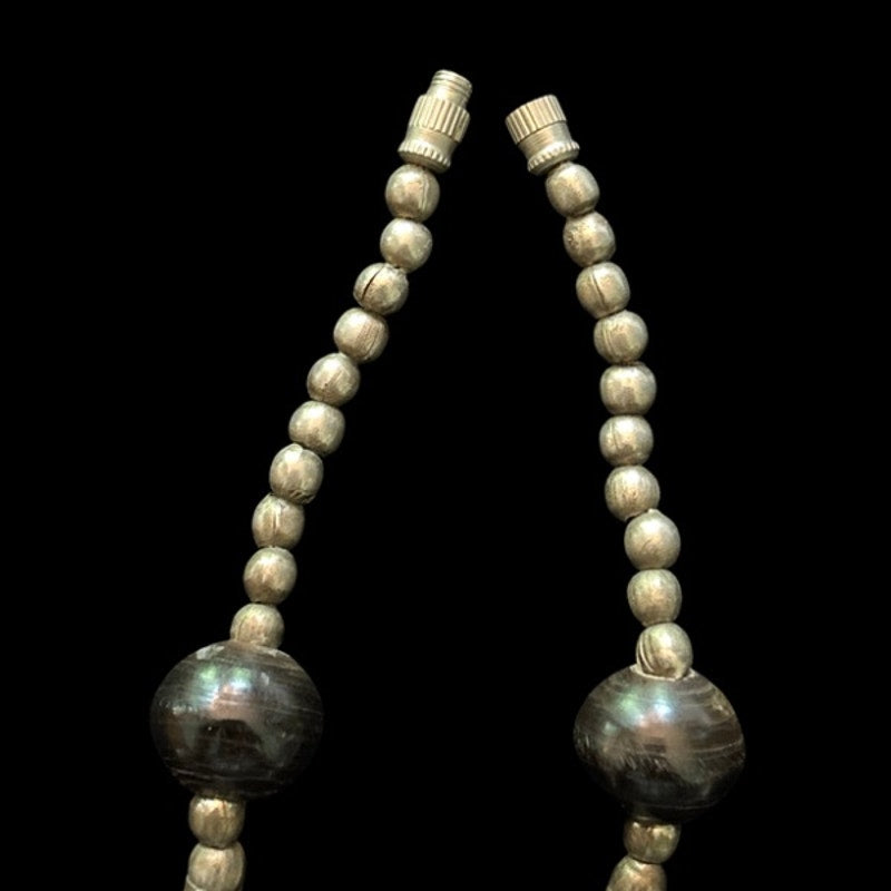 Vintage Black, Bronze & Silver Beaded Mixed Metal & Wood Disc Pendant Necklace