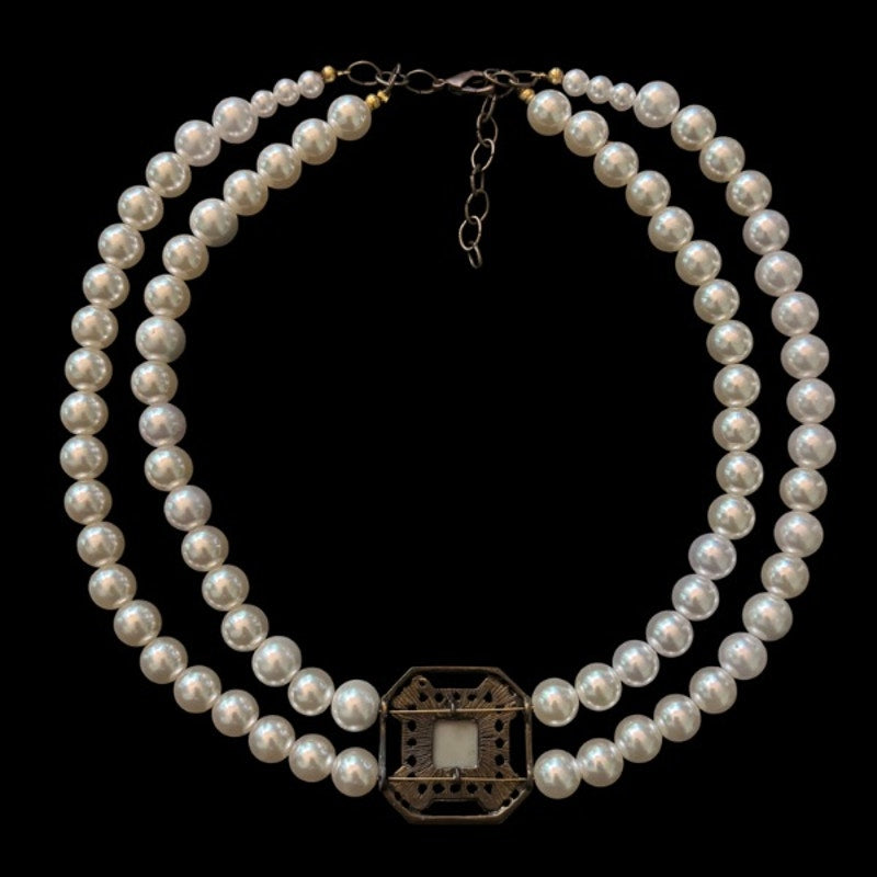 Double Strand Pearl Necklace with Square Vintage Costume Jade & Amber Rhinestone Studded Bronze Pendant