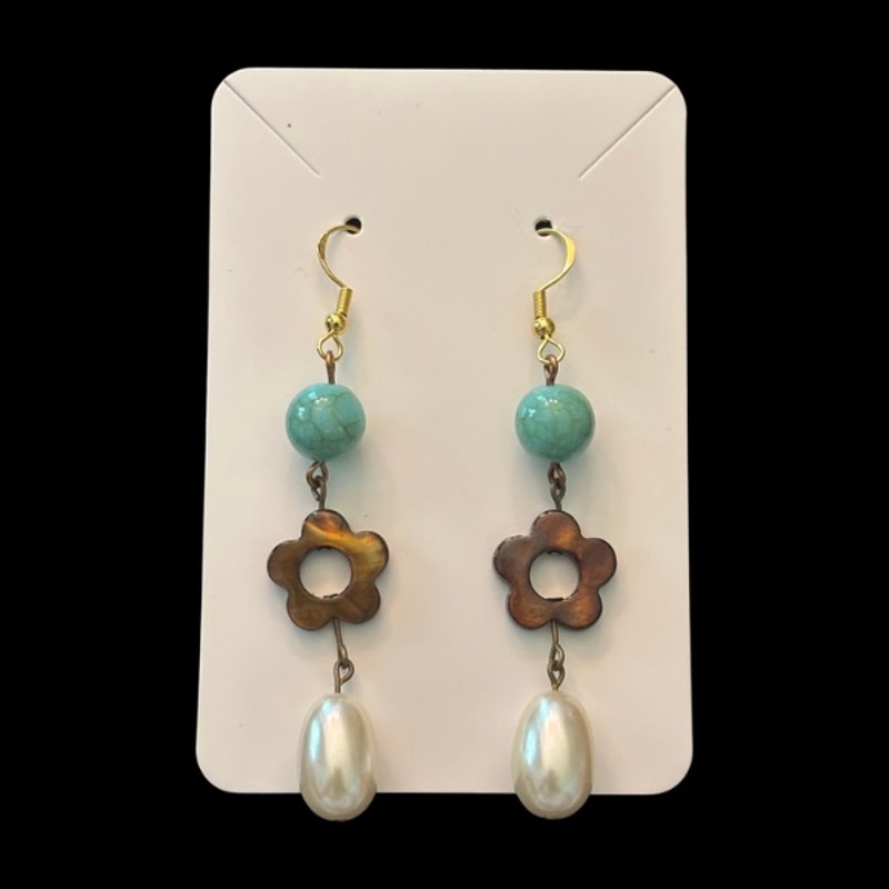 Baroque-Inspired Turquoise, Brown Shell Flower, & Costume Pearl Beaded Drop Earrings