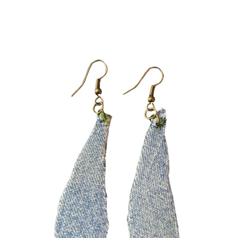 Upcycled Vintage Pink Tulip Embroidered Patch + Denim Earrings (Upside Down)
