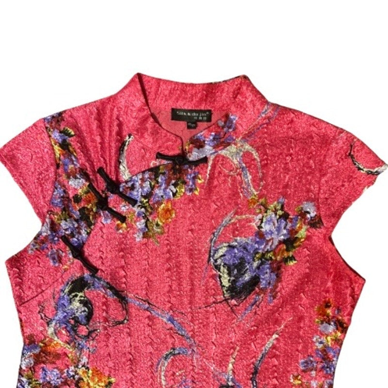 Vintage Hot Pink Chinese Silk du Jin Floral Qipao Mini-Dress (L)