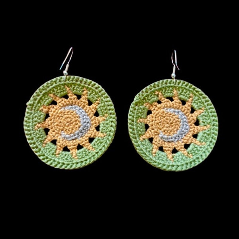 Sage Green Sun and Moon Micro-crocheted Disc Earrings | Made by Maya