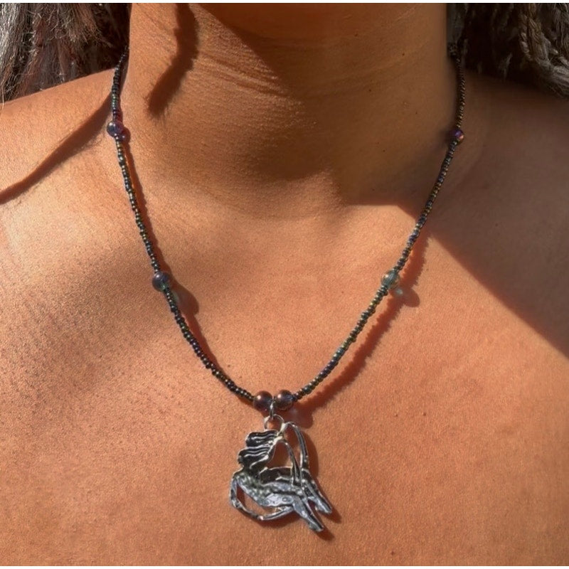 OOAK Metallic Purple/Blue/Green Beaded Silver Gemini Pendant Necklace