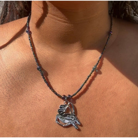 OOAK Metallic Purple/Blue/Green Beaded Silver Gemini Pendant Necklace