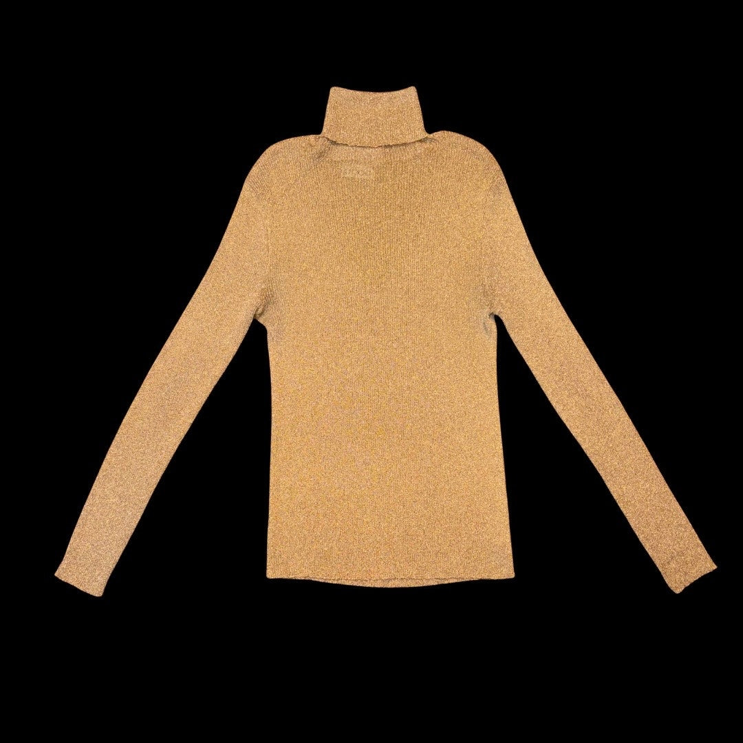 1970’s Vintage Sheer Ribbed Knit Gold Metallic Turtleneck Long Sleeved Sweater (M)