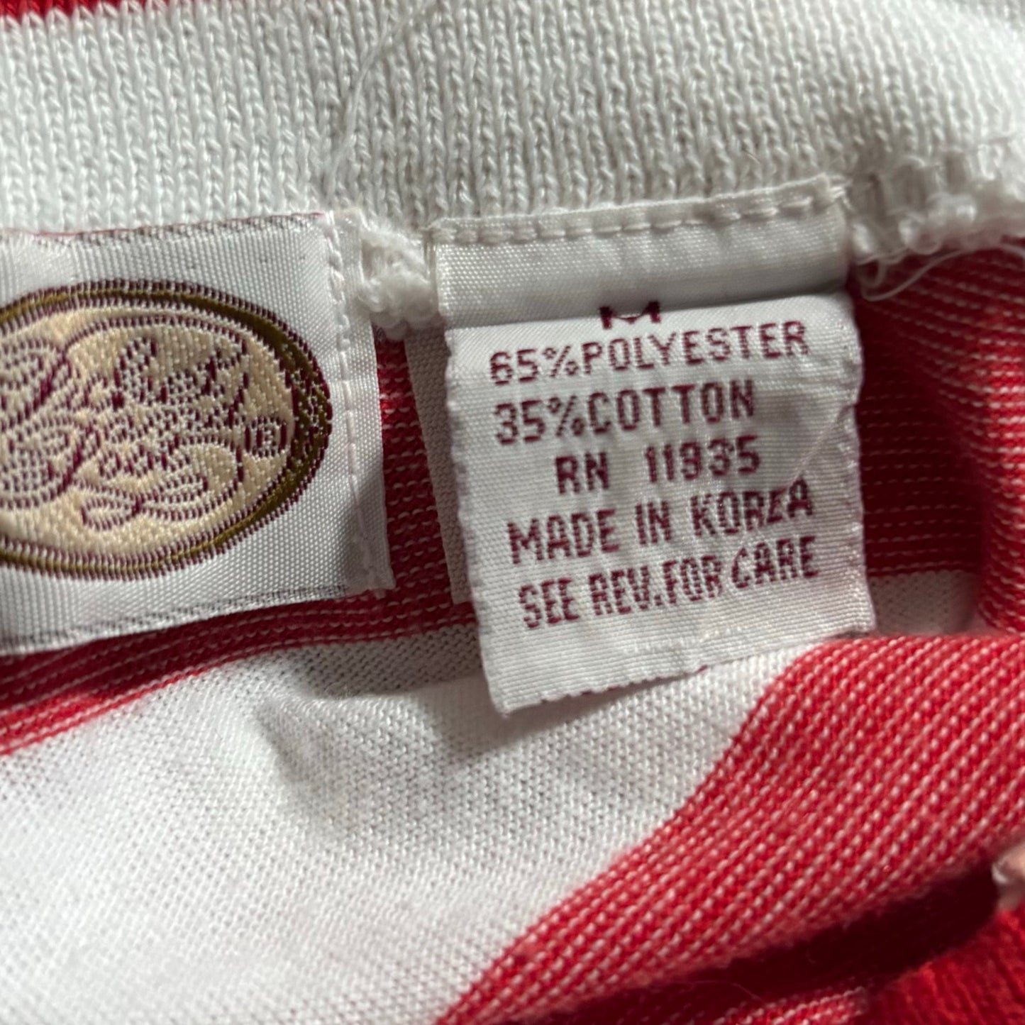 Vintage Navy Star Patch Red and White Rugby Striped Quarter Sleeve Ribbed Hem Button Down Shirt (M)