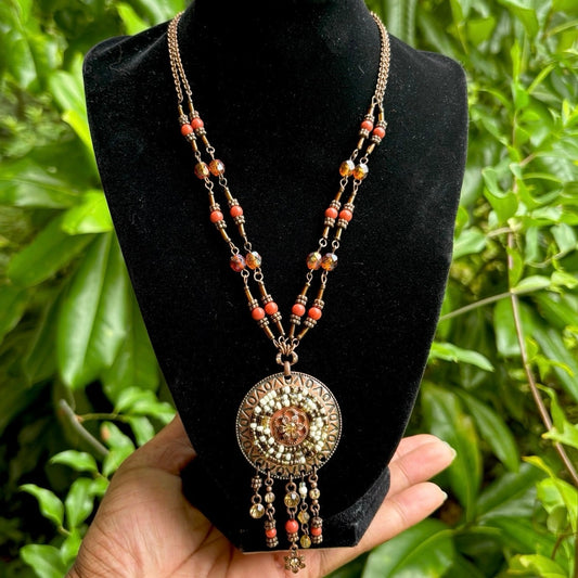 70’s Vntg Avon Copper-toned Beaded Disc Flower Pendent Choker Necklace