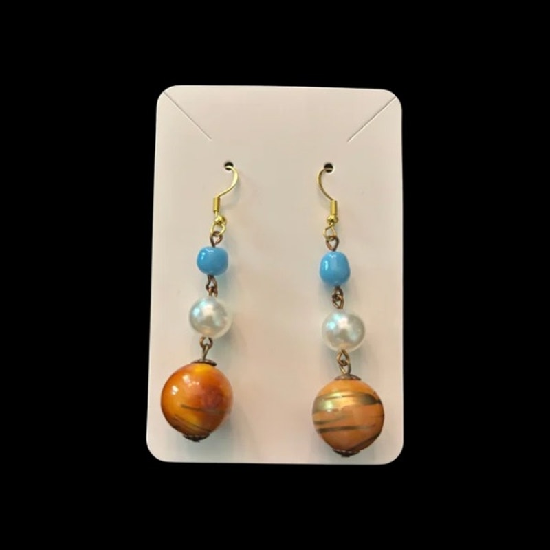Baroque-inspired Gold/Orange, Faux Pearl & Turquoise Beaded Drop Earrings