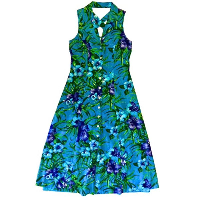 Vintage Blue & Purple Hibiscus Floral Print Sleeveless Button Down A-Line Tea Length Dress (M)