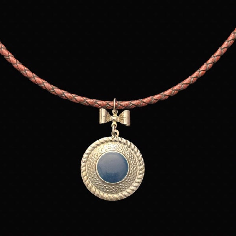 Silver & Blue Disc & Bow Pendant Leather Cord Choker Necklace